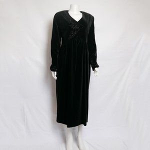Vintage 1990s Laura Ashley Black Velvet Midi Smock Dress, size 14